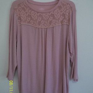St John's Bay 0X Thermal/Waffle Weave Dusty Rose Long Sleeve Shirt, Lace Yoke